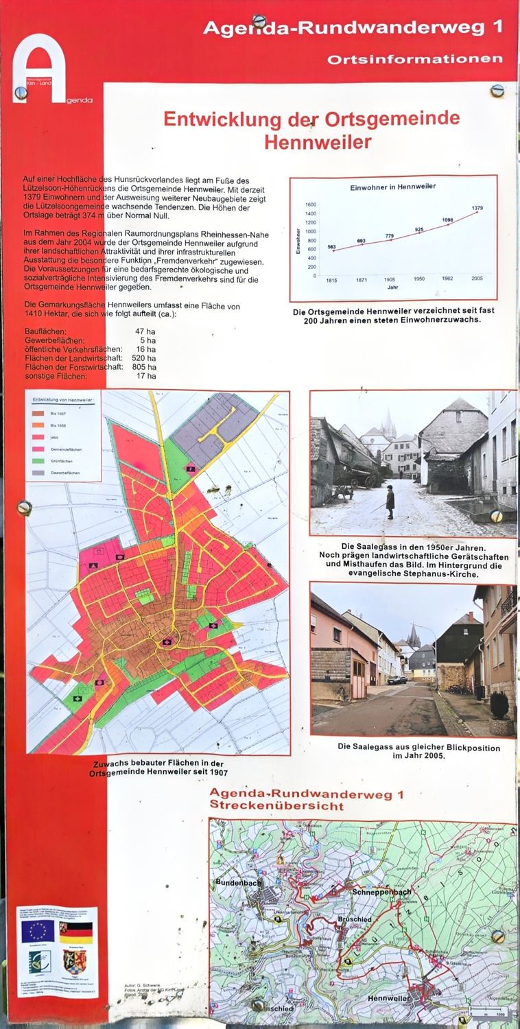 Infotafel zur Entwicklung der Ortsgemeinde Hennweiler mit Karte und Einwohnerdiagramm